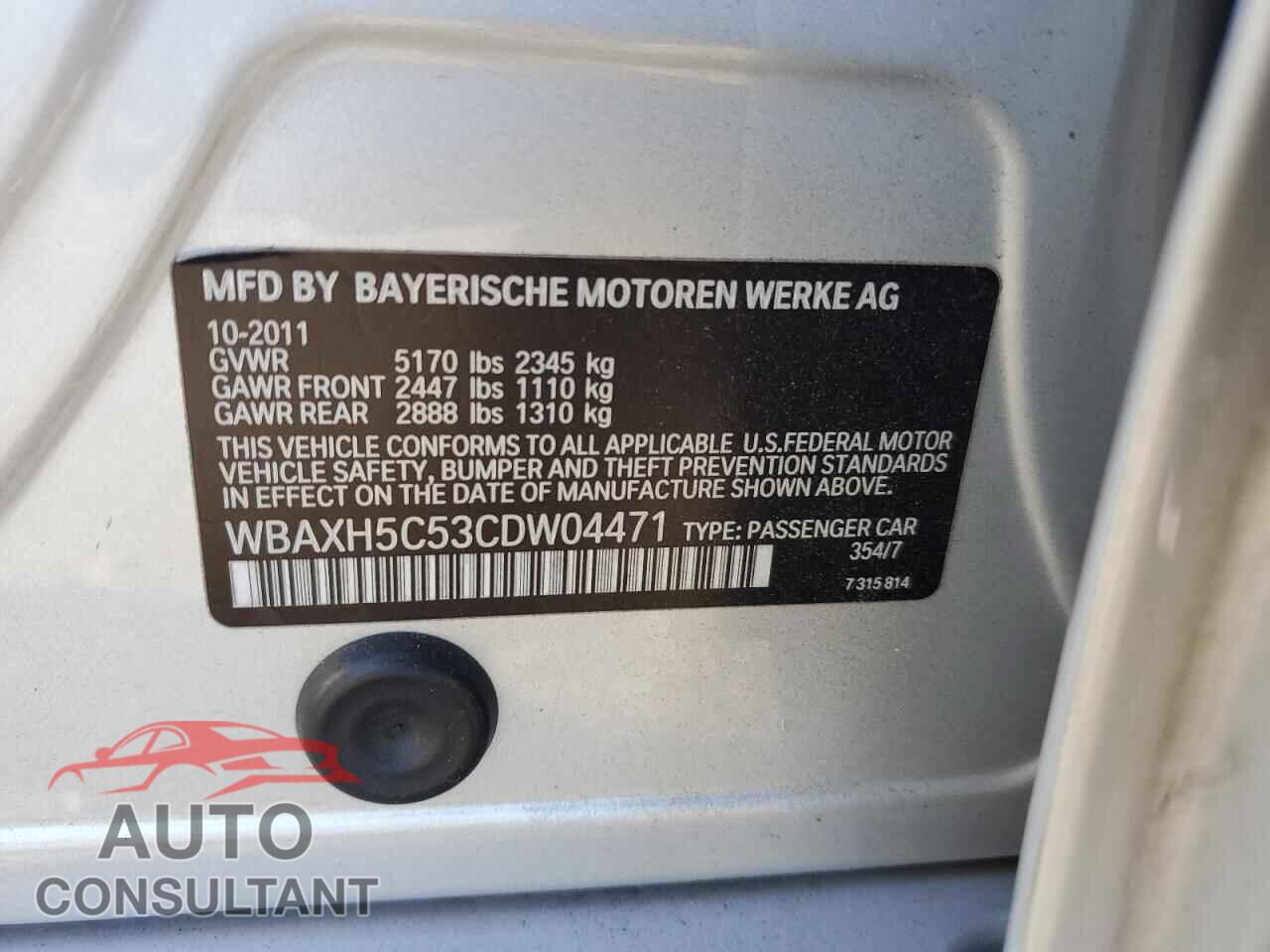 BMW 5 SERIES 2012 - WBAXH5C53CDW04471