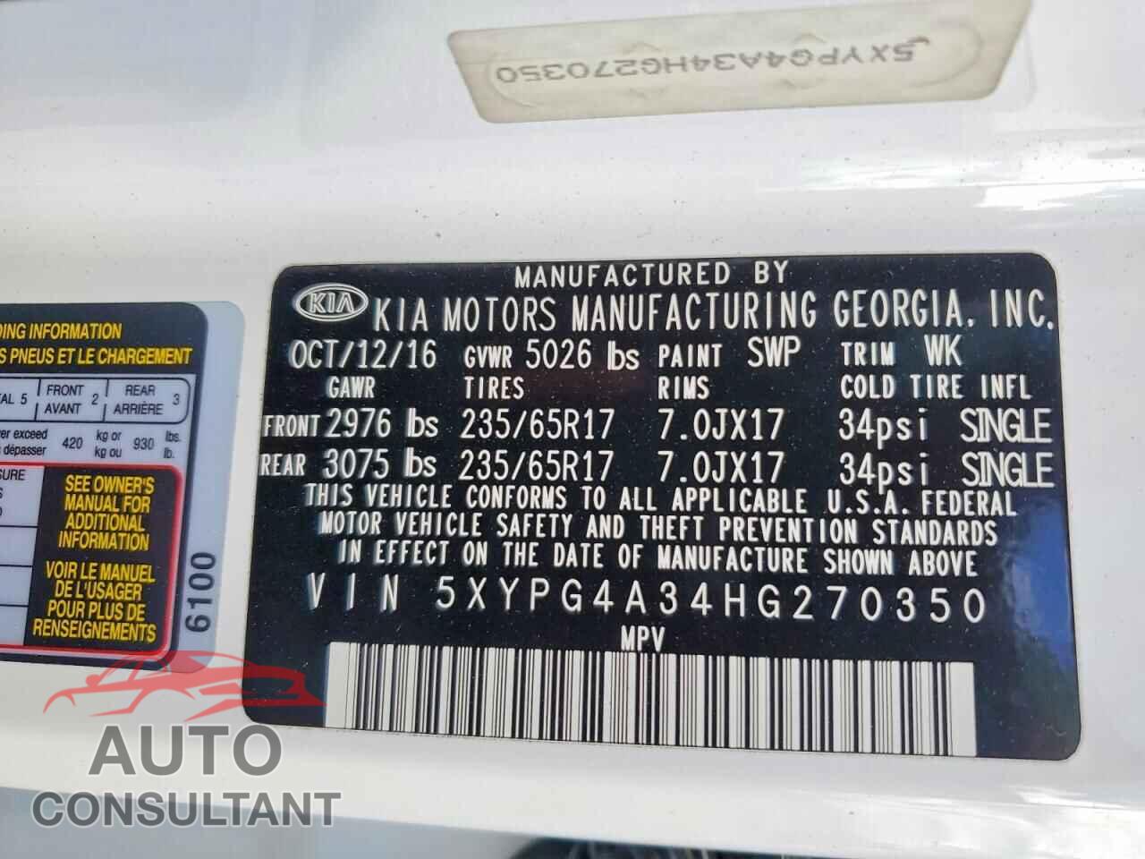 KIA SORENTO 2017 - 5XYPG4A34HG270350