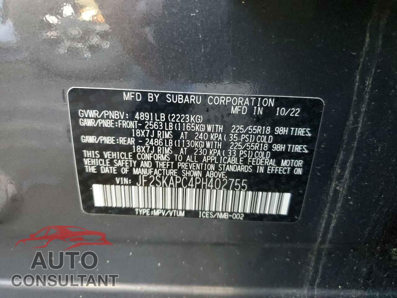 SUBARU FORESTER 2023 - JF2SKAPC4PH402755