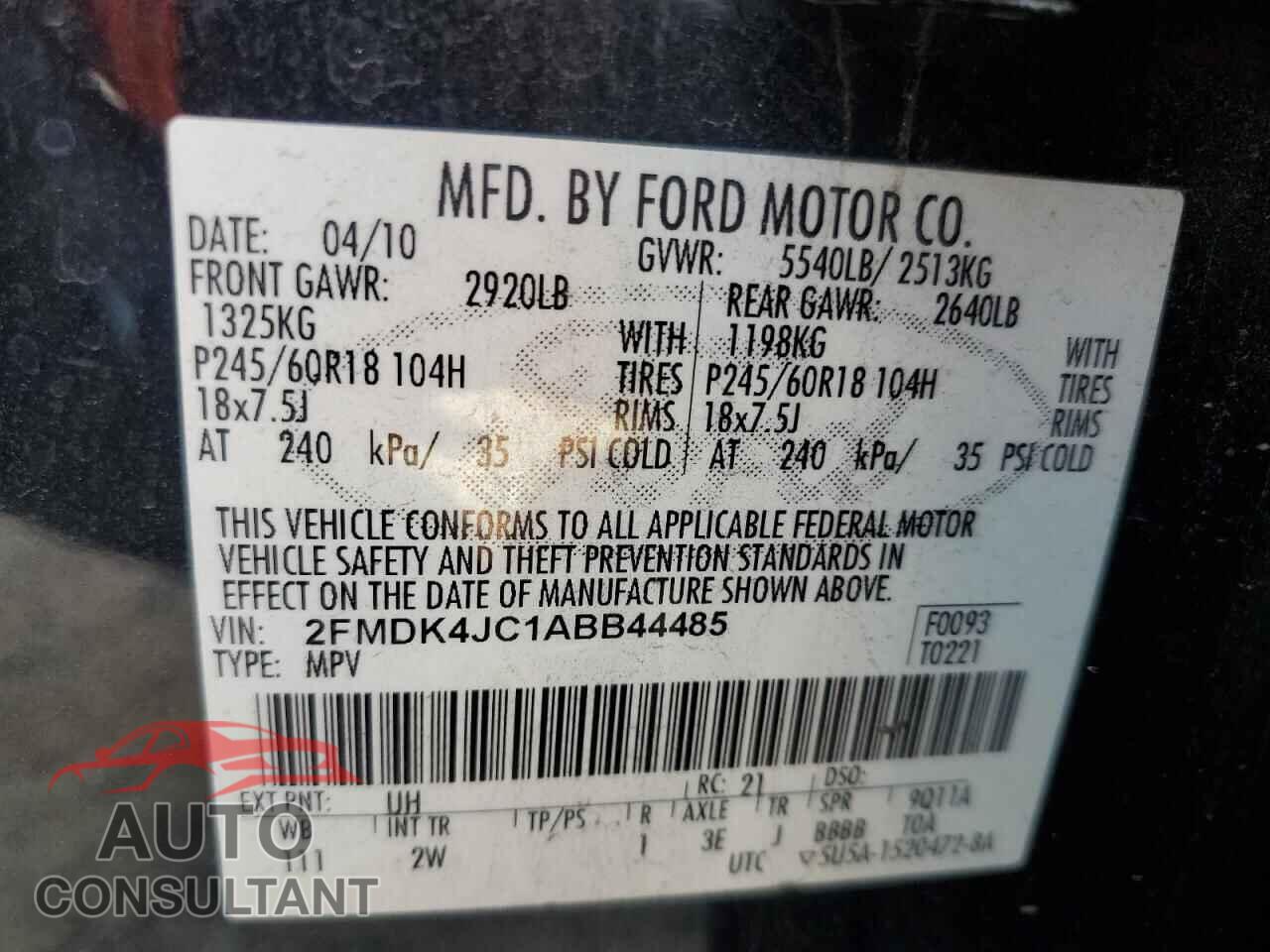 FORD EDGE 2010 - 2FMDK4JC1ABB44485