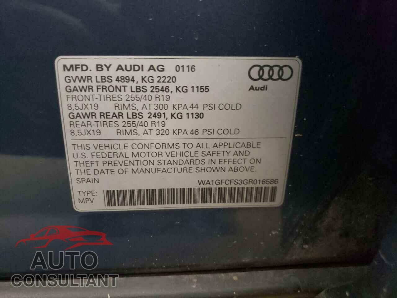AUDI Q3 2016 - WA1GFCFS3GR016586