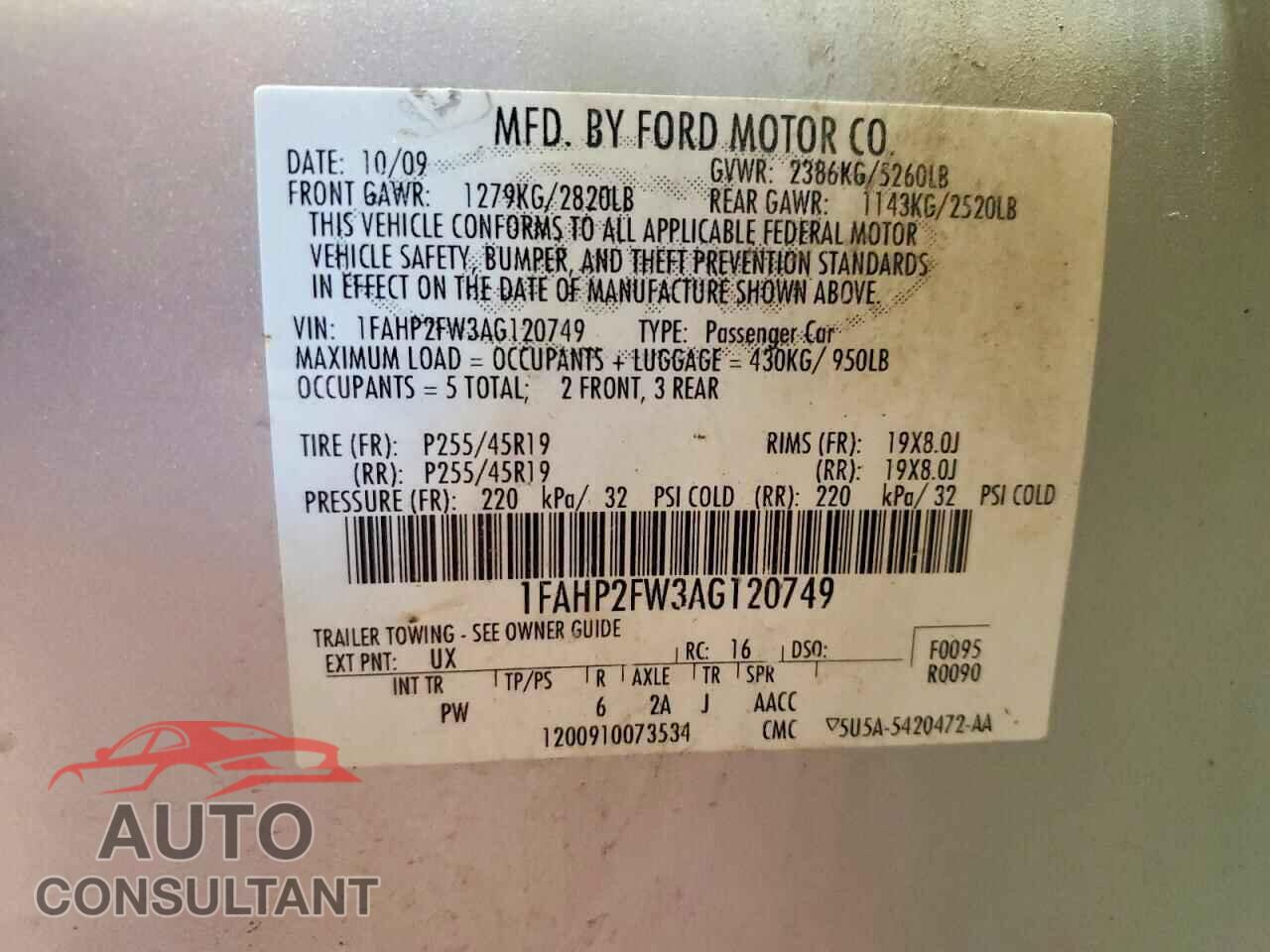 FORD TAURUS 2010 - 1FAHP2FW3AG120749