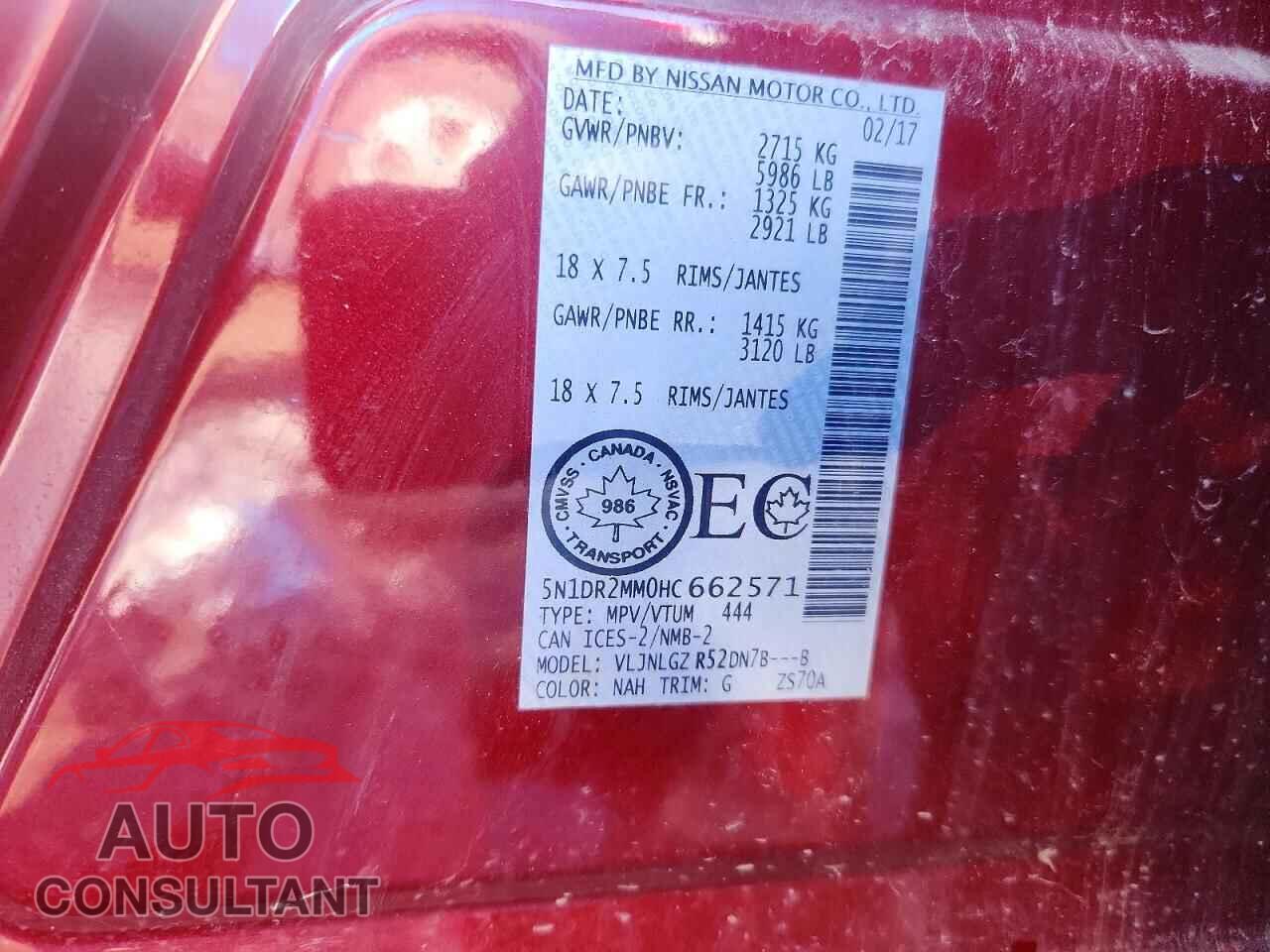 NISSAN PATHFINDER 2017 - 5N1DR2MM0HC662571