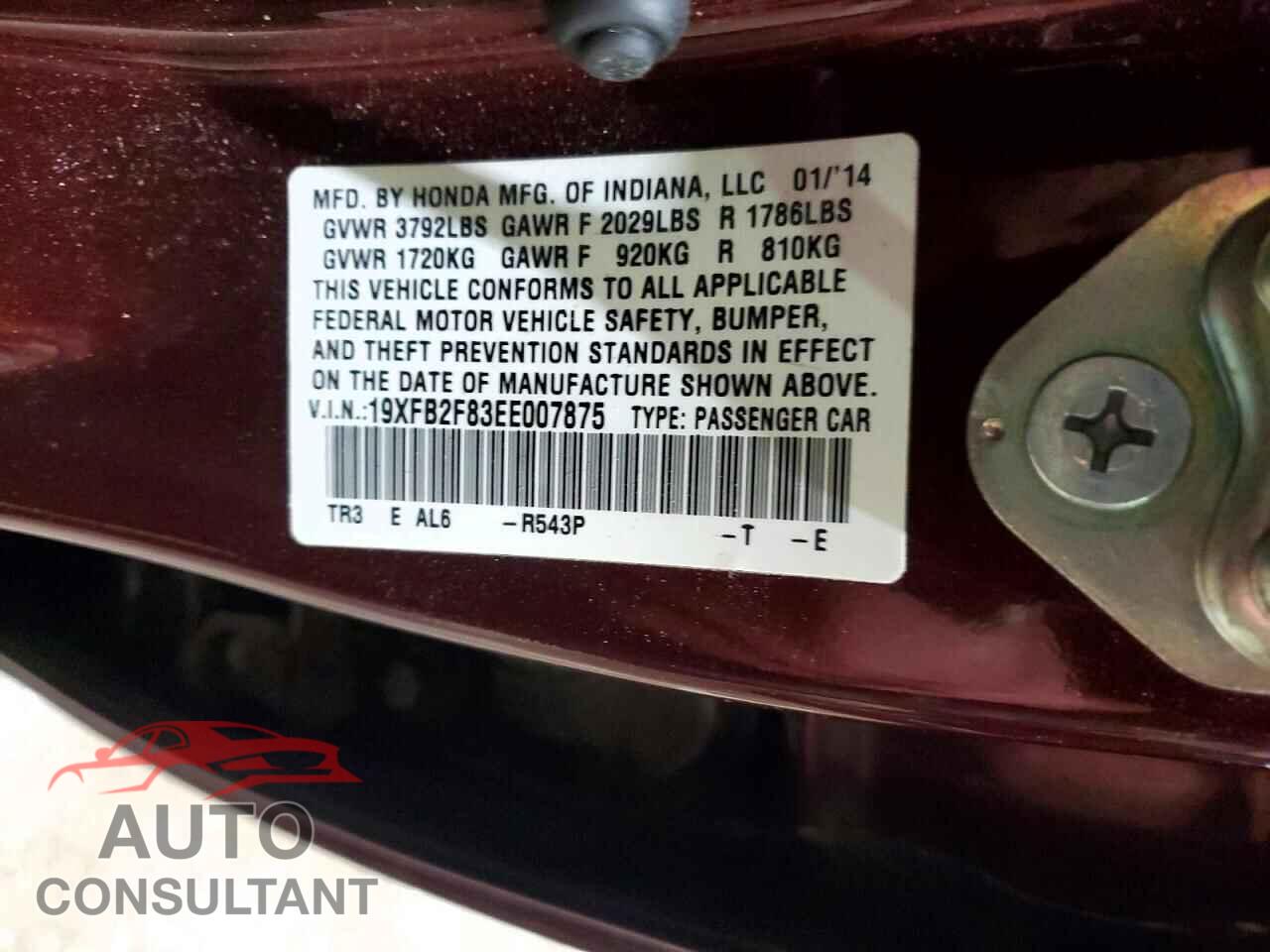 HONDA CIVIC 2014 - 19XFB2F83EE007875