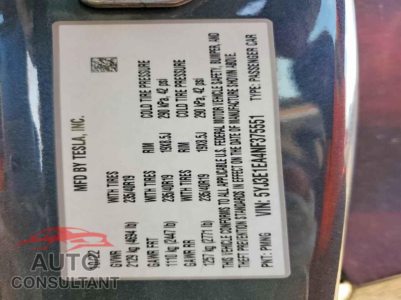 TESLA MODEL 3 2022 - 5YJ3E1EA4NF375551