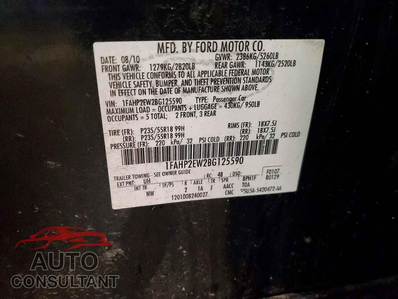 FORD TAURUS 2011 - 1FAHP2EW2BG125590
