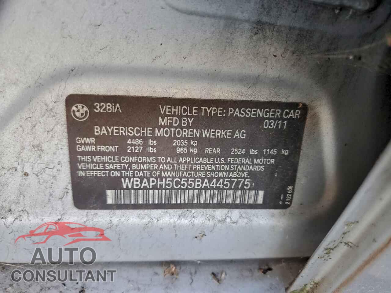 BMW 3 SERIES 2011 - WBAPH5C55BA445775