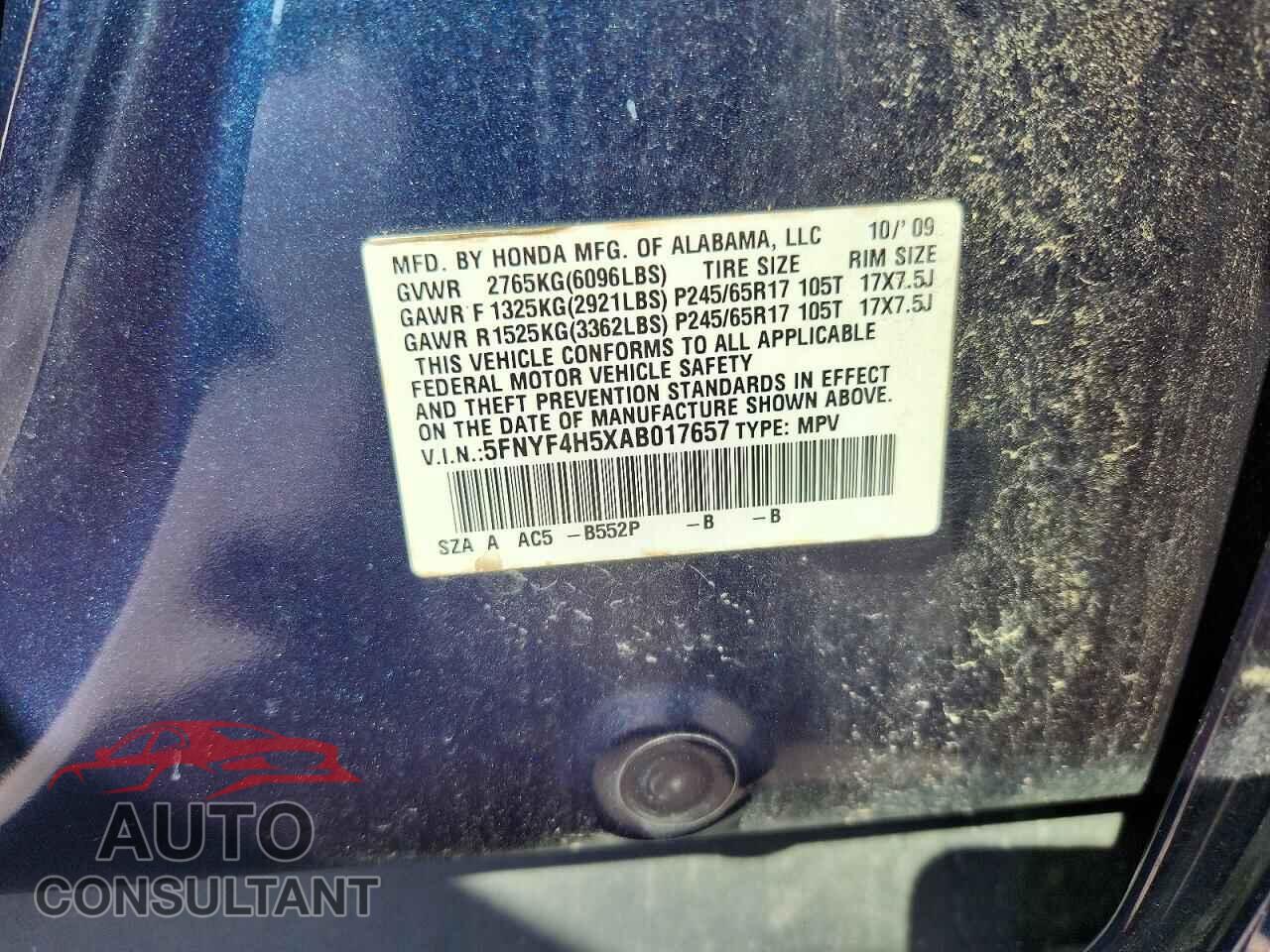HONDA PILOT 2010 - 5FNYF4H5XAB017657