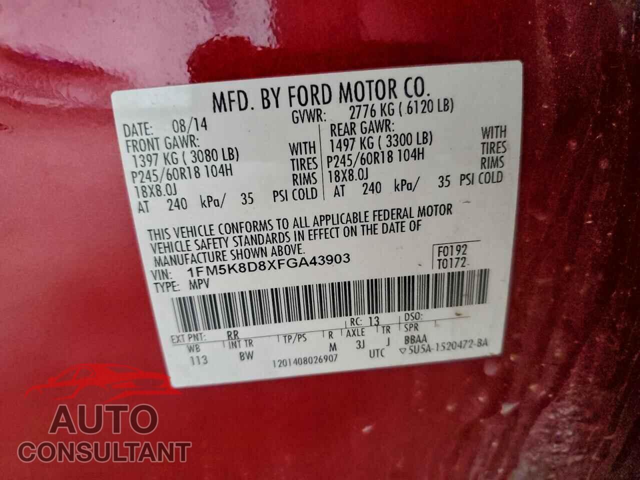 FORD EXPLORER 2015 - 1FM5K8D8XFGA43903