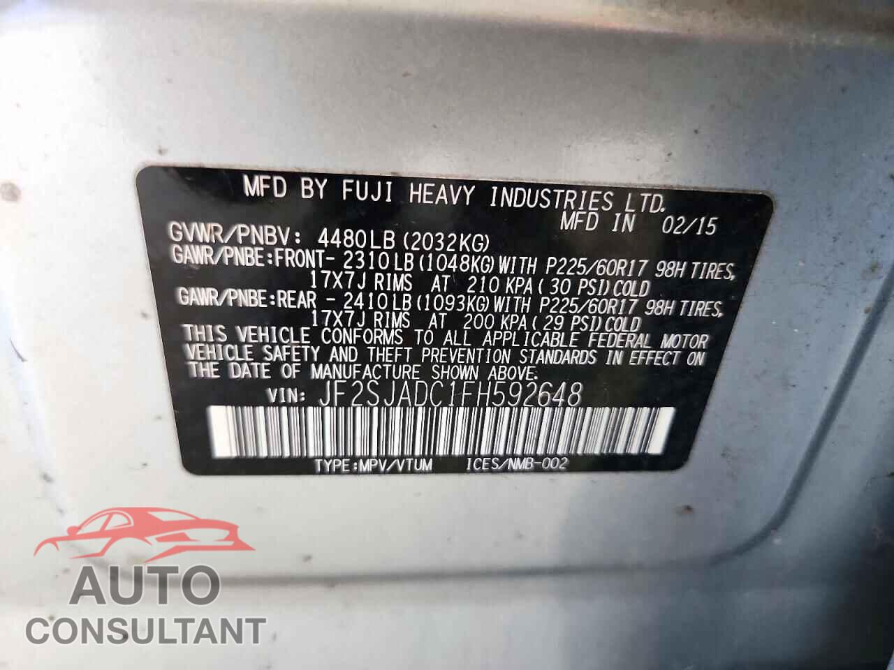SUBARU FORESTER 2015 - JF2SJADC1FH592648