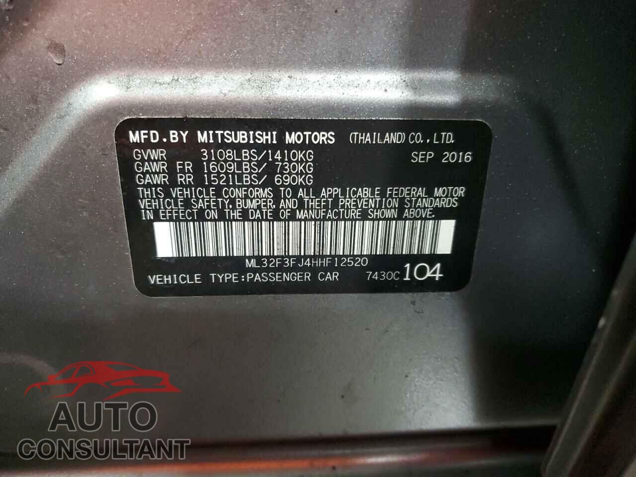 MITSUBISHI MIRAGE 2017 - ML32F3FJ4HHF12520