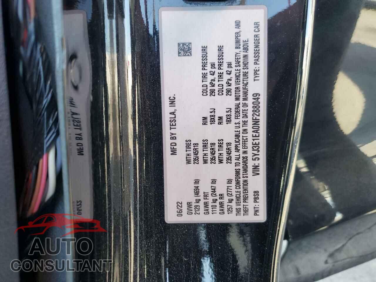 TESLA MODEL 3 2022 - 5YJ3E1EA0NF288049