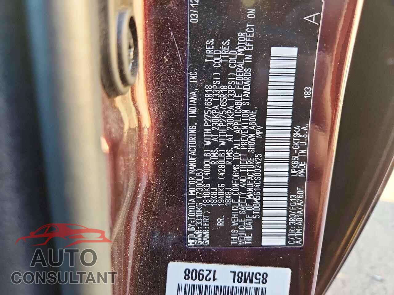 TOYOTA SEQUOIA 2012 - 5TDBM5G14CS002425