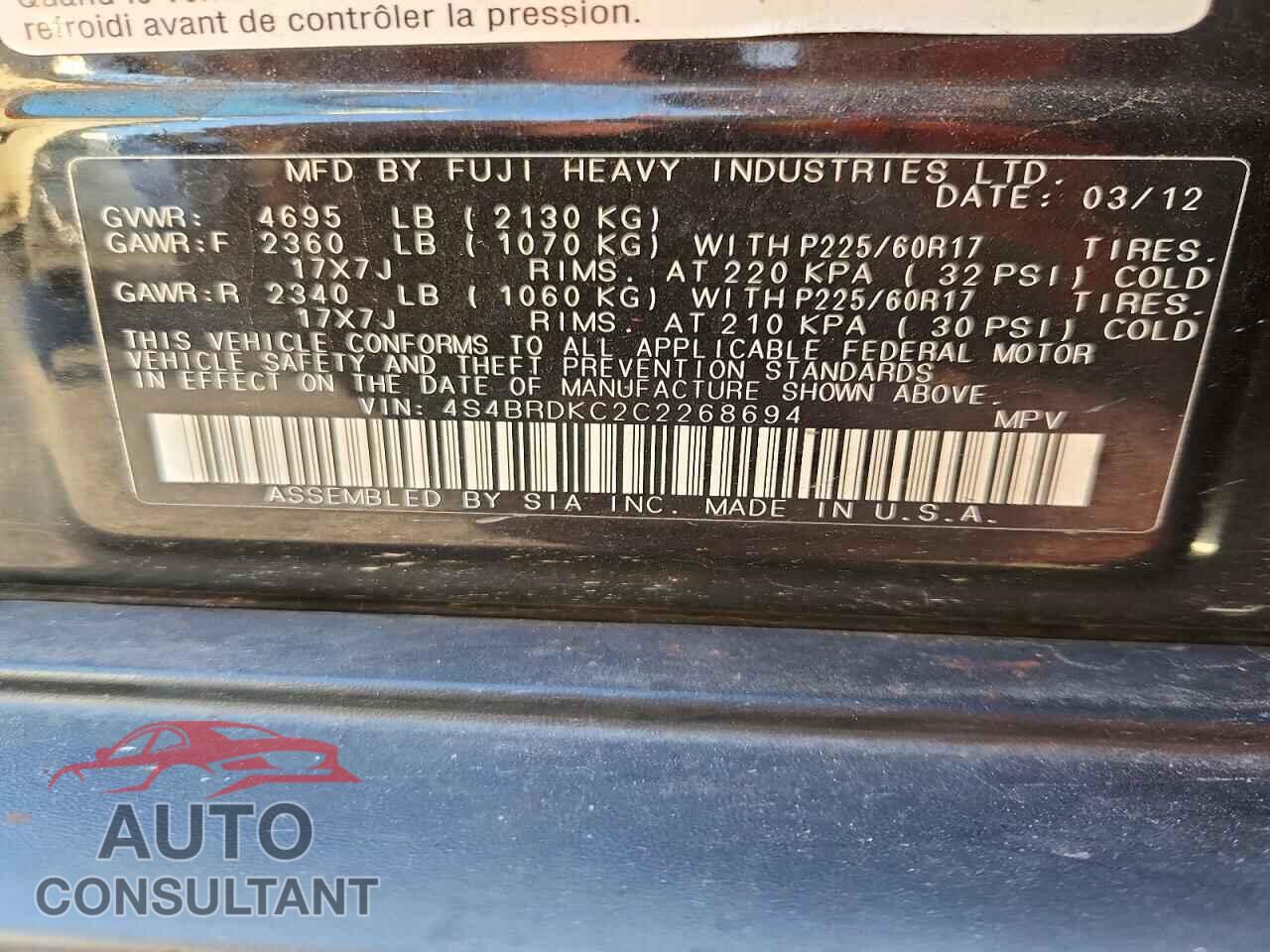 SUBARU OUTBACK 2012 - 4S4BRDKC2C2268694