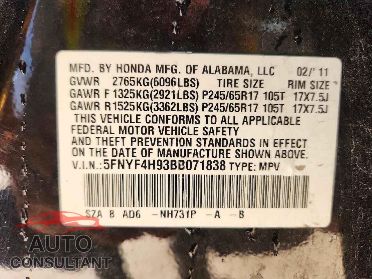 HONDA PILOT 2011 - 5FNYF4H93BB071838