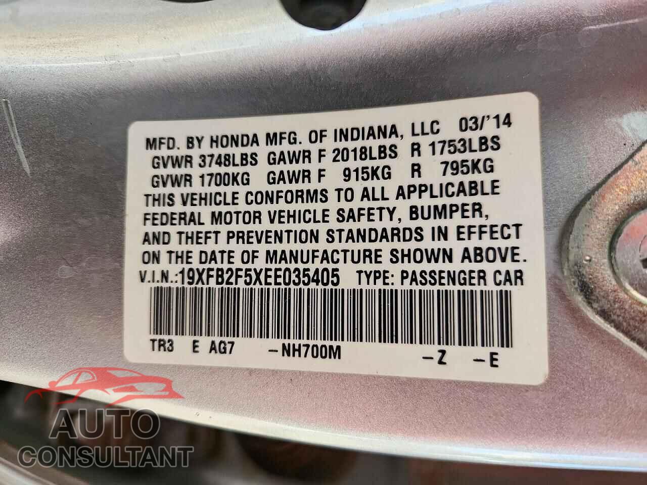HONDA CIVIC 2014 - 19XFB2F5XEE035405