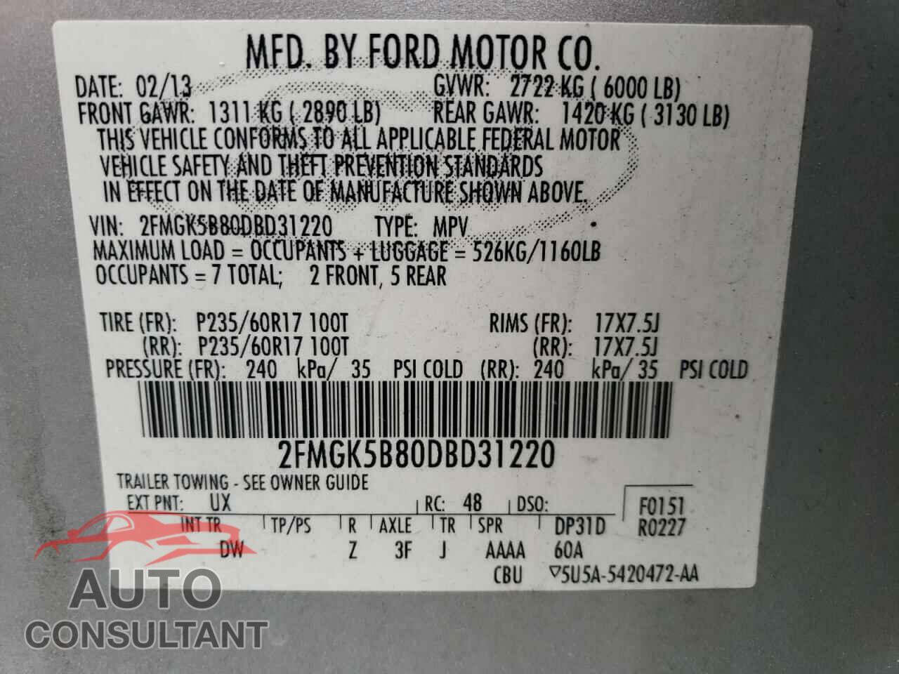 FORD FLEX 2013 - 2FMGK5B80DBD31220