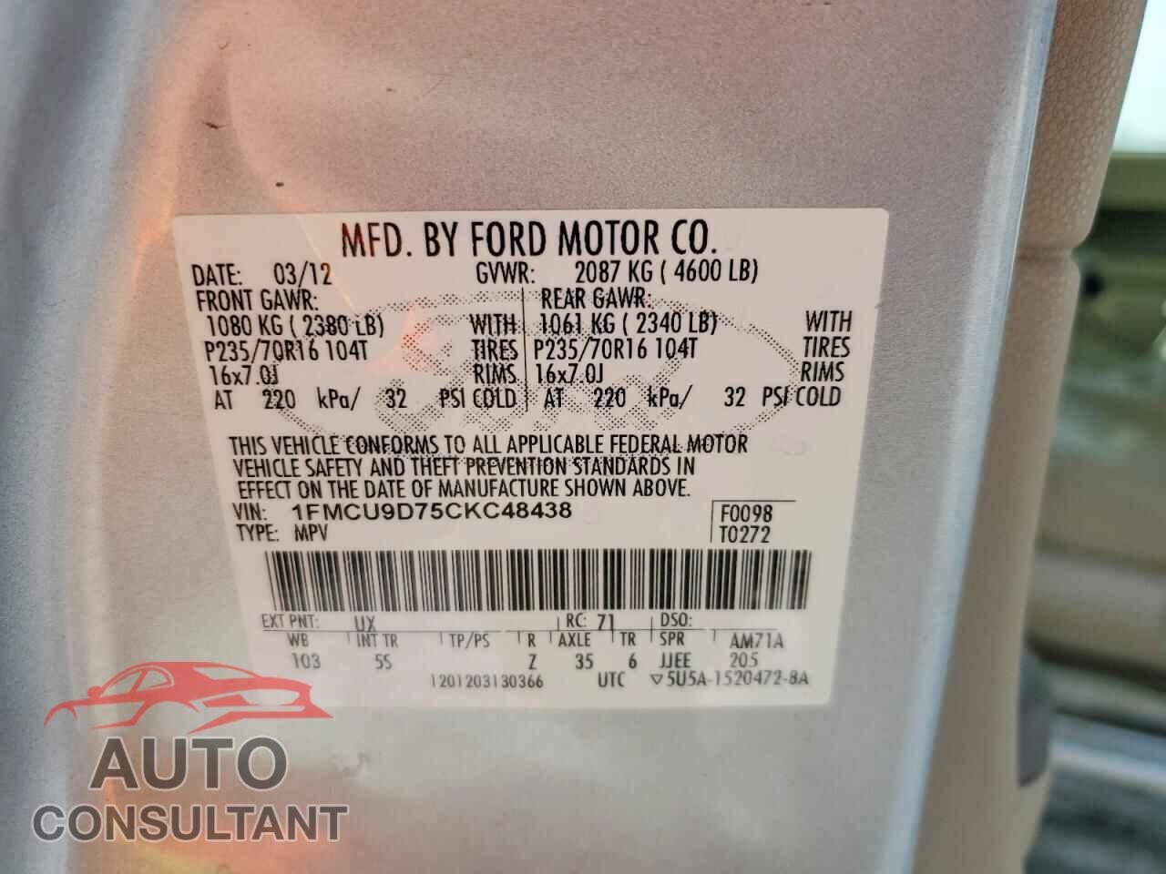 FORD ESCAPE 2012 - 1FMCU9D75CKC48438