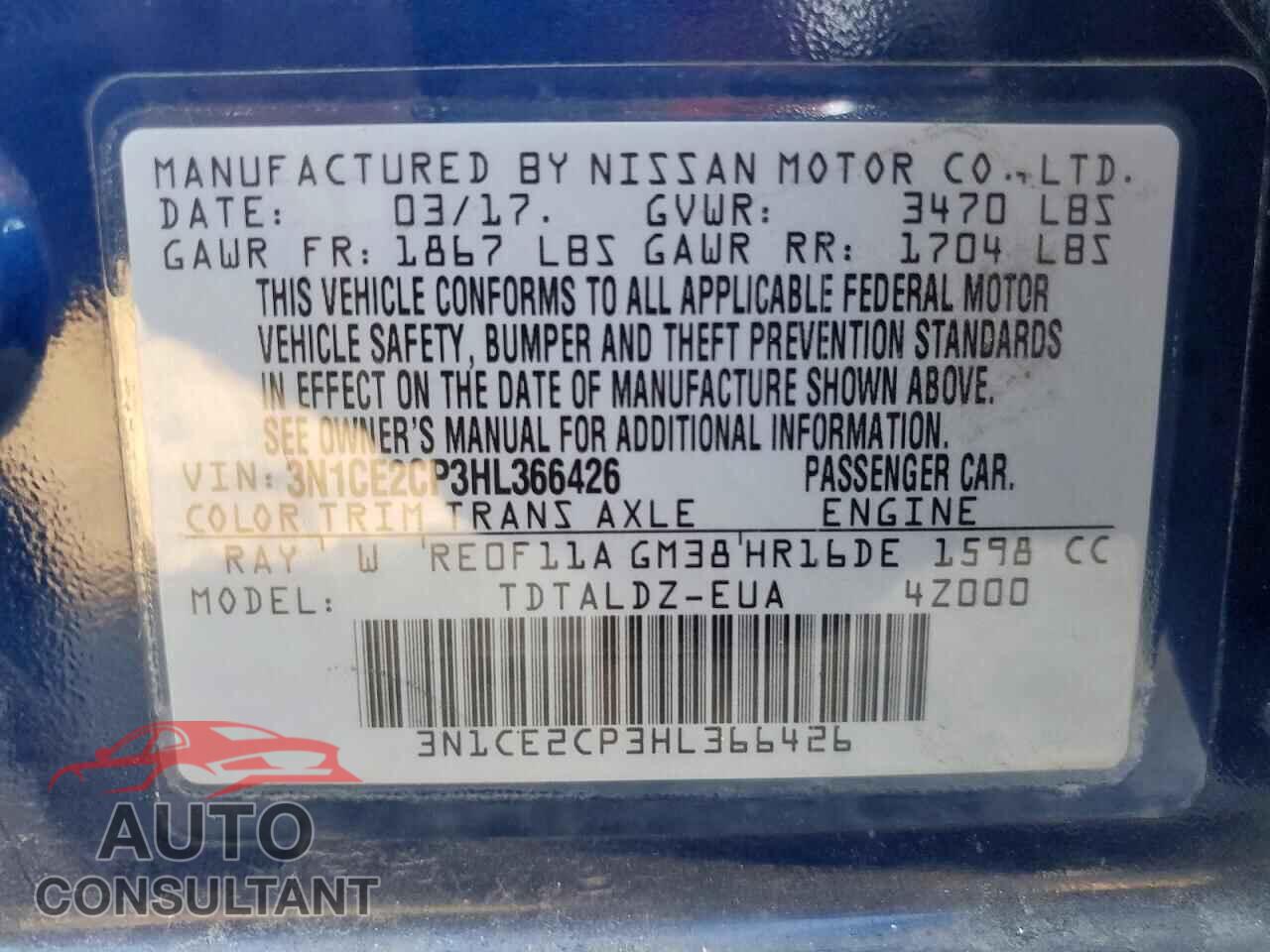 NISSAN VERSA 2017 - 3N1CE2CP3HL366426