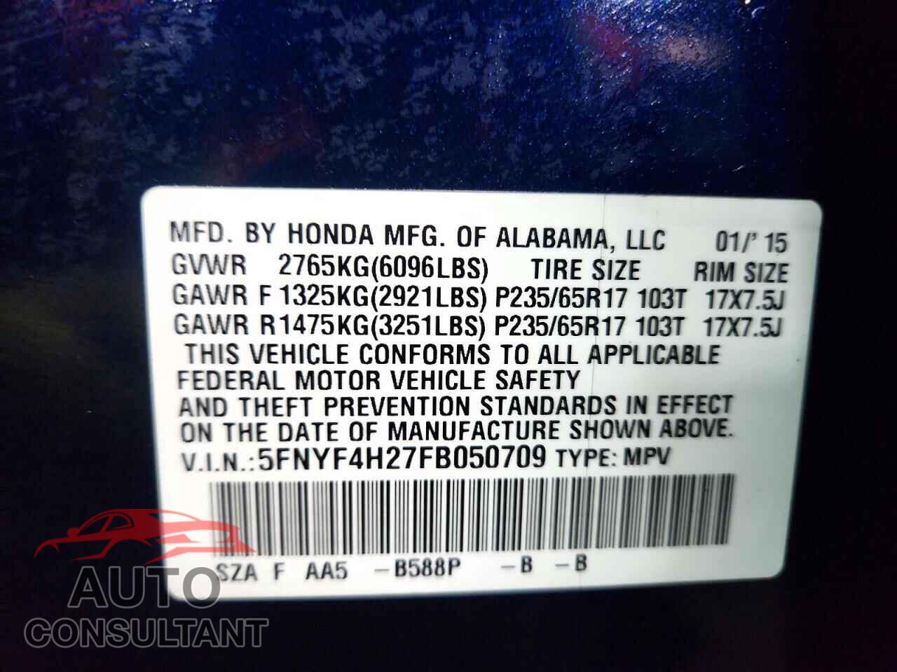 HONDA PILOT 2015 - 5FNYF4H27FB050709