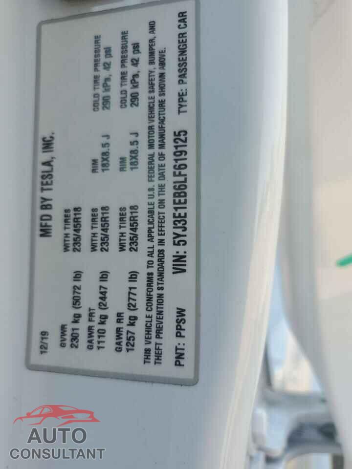 TESLA MODEL 3 2020 - 5YJ3E1EB6LF619125
