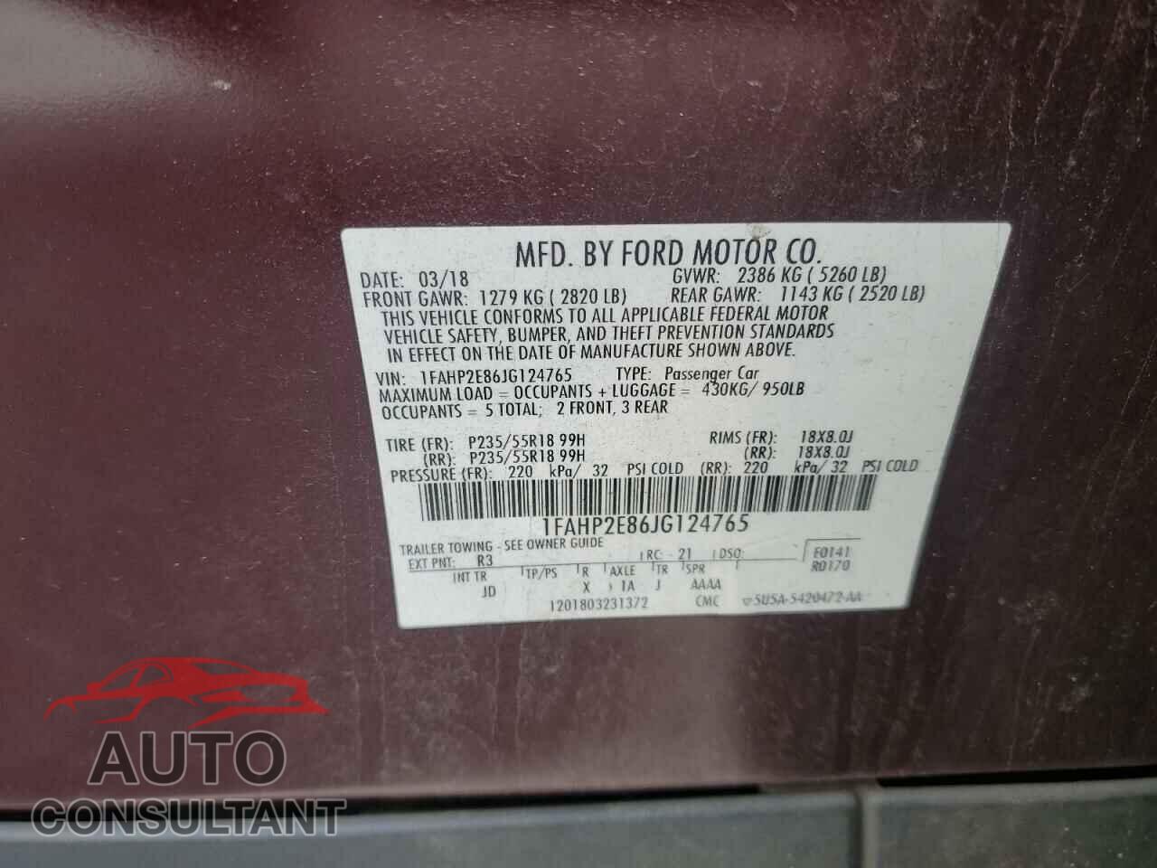 FORD TAURUS 2018 - 1FAHP2E86JG124765