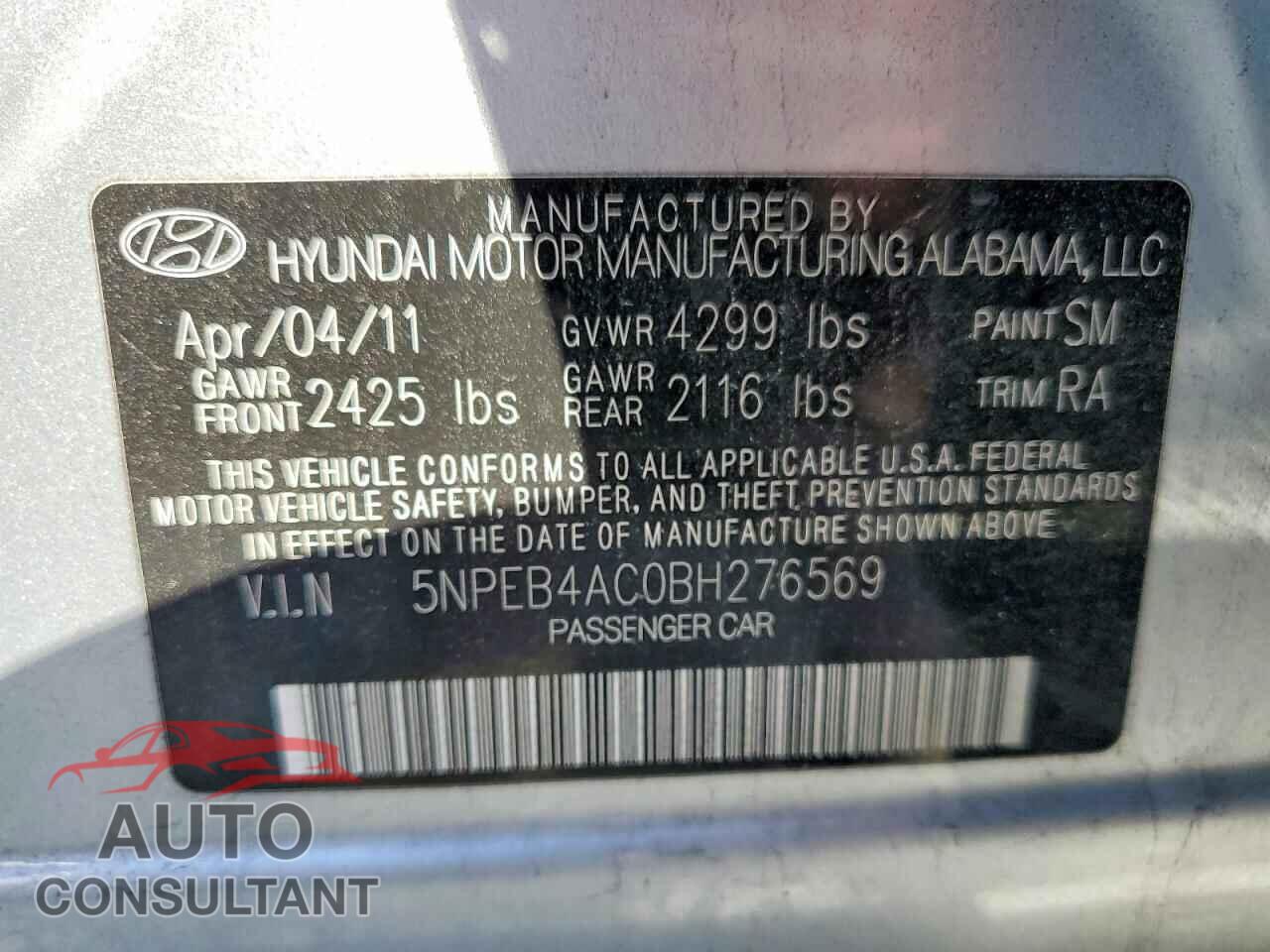 HYUNDAI SONATA 2011 - 5NPEB4AC0BH276569