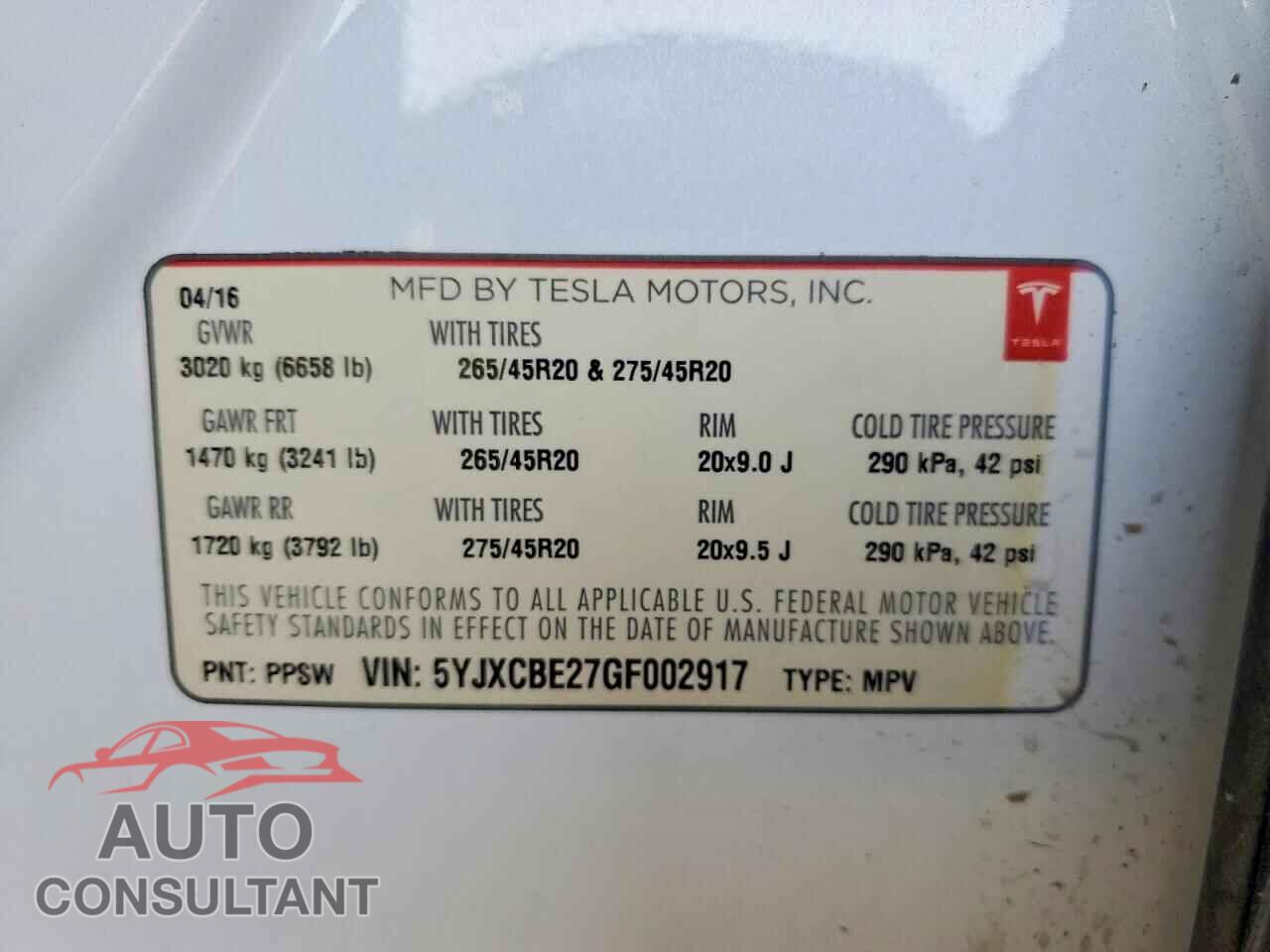 TESLA MODEL X 2016 - 5YJXCBE27GF002917