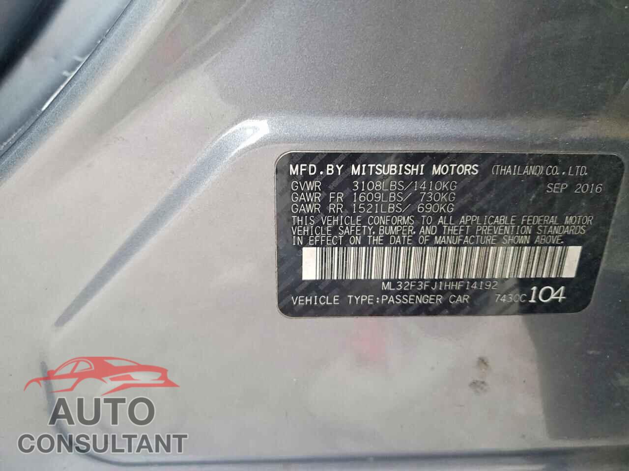 MITSUBISHI MIRAGE 2017 - ML32F3FJ1HHF14192