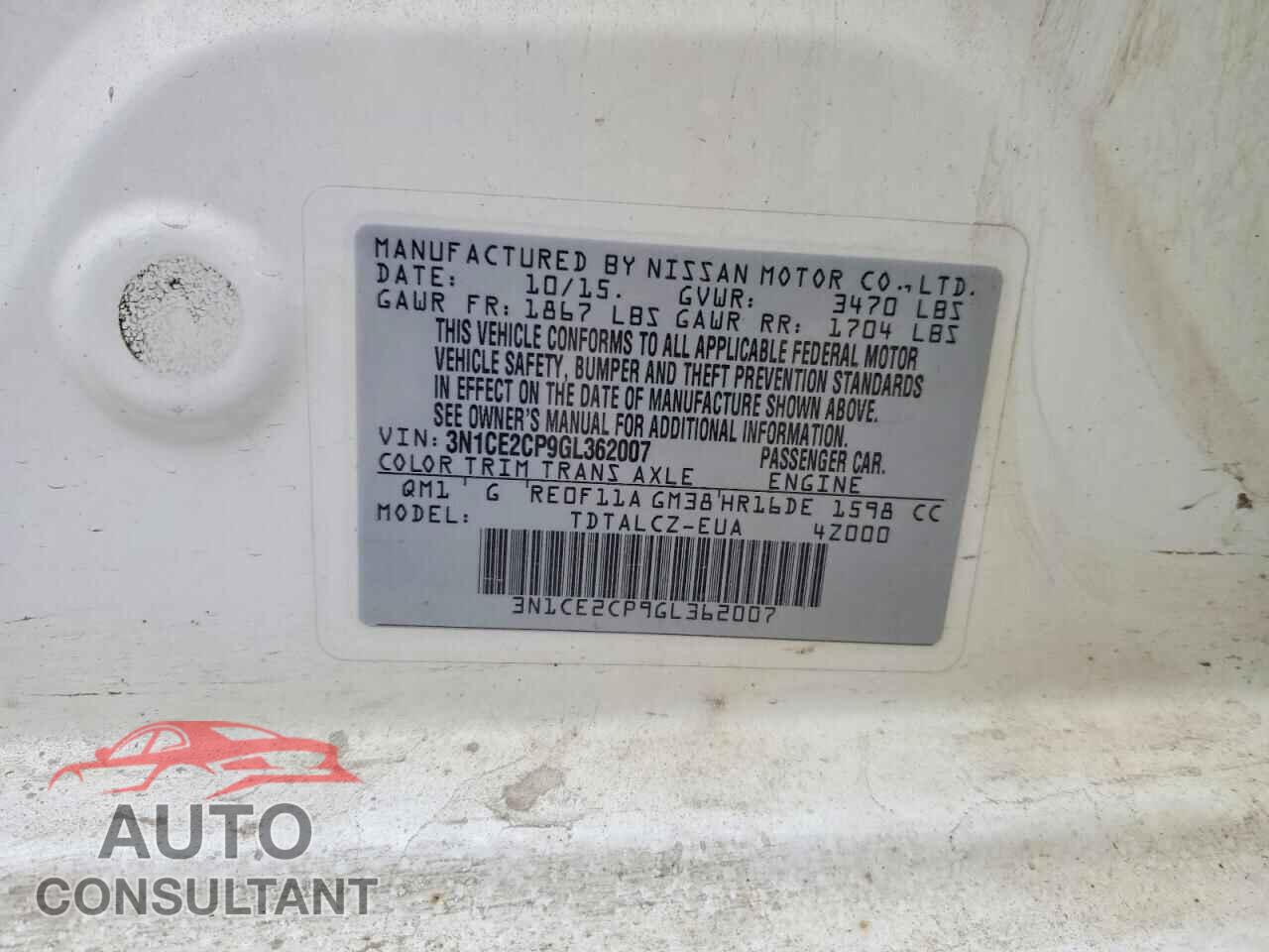 NISSAN VERSA 2016 - 3N1CE2CP9GL362007
