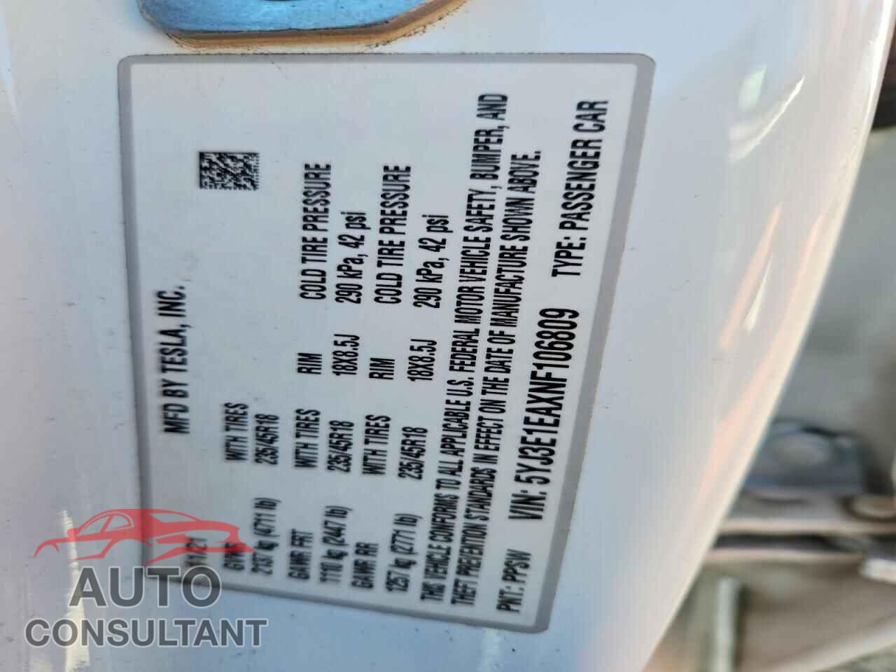 TESLA MODEL 3 2022 - 5YJ3E1EAXNF106809