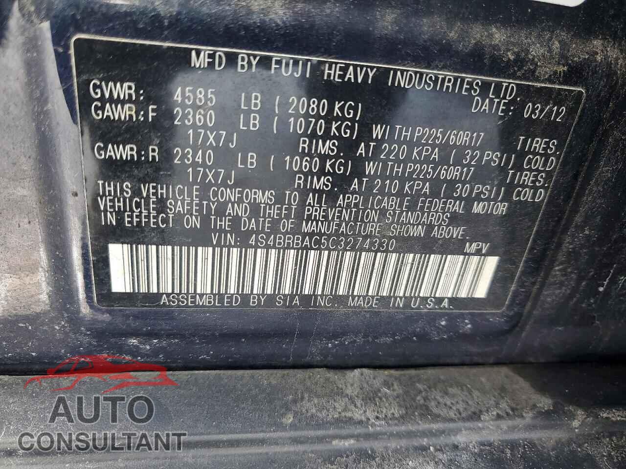 SUBARU OUTBACK 2012 - 4S4BRBAC5C3274330