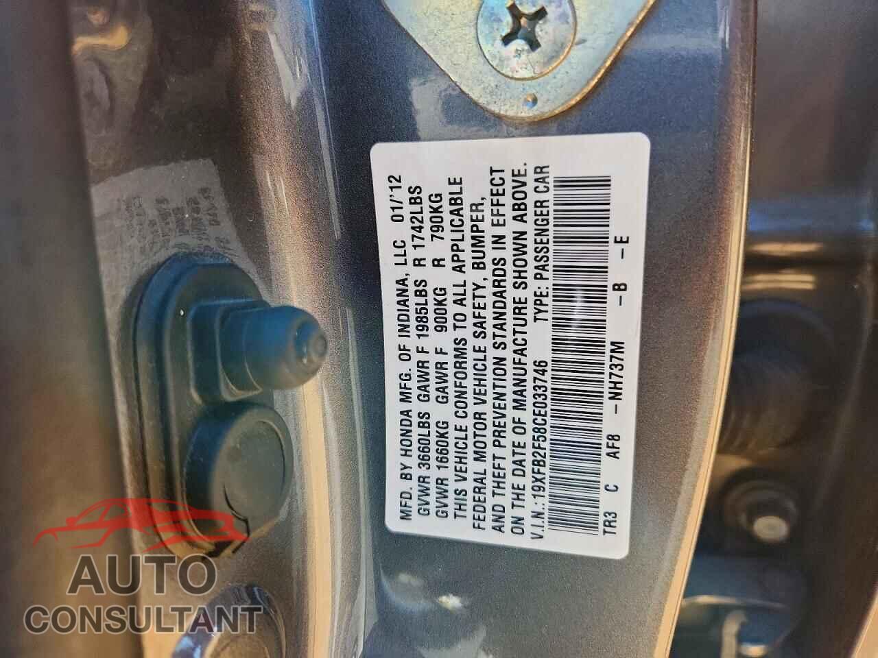 HONDA CIVIC 2012 - 19XFB2F58CE033746