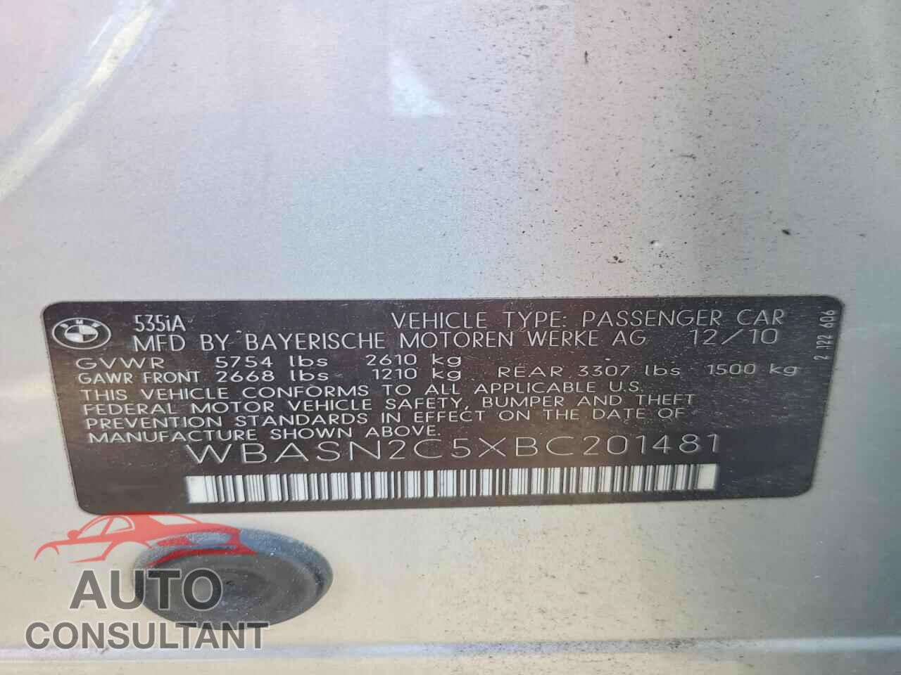 BMW 5 SERIES 2011 - WBASN2C5XBC201481