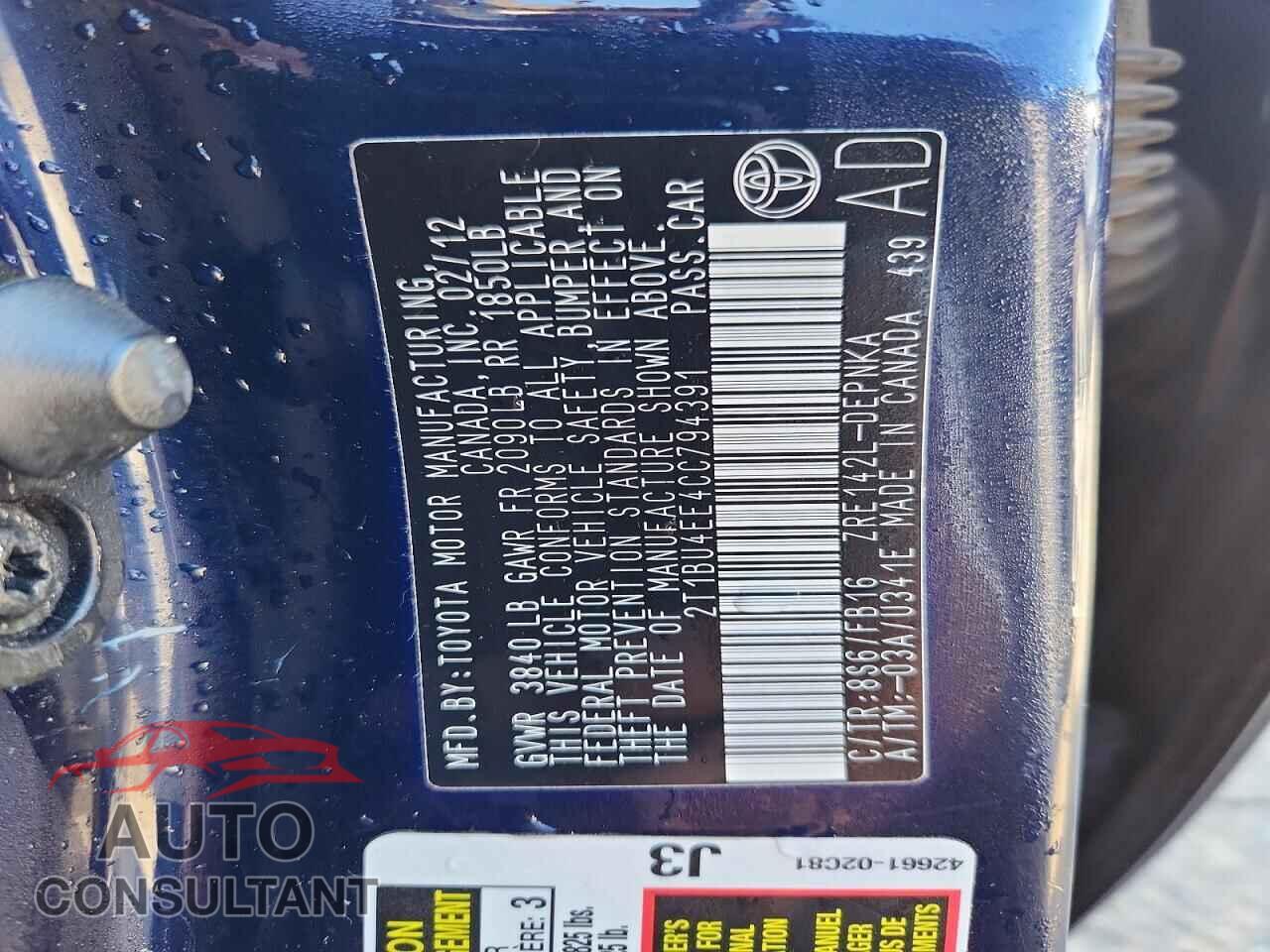 TOYOTA COROLLA 2012 - 2T1BU4EE4CC794391