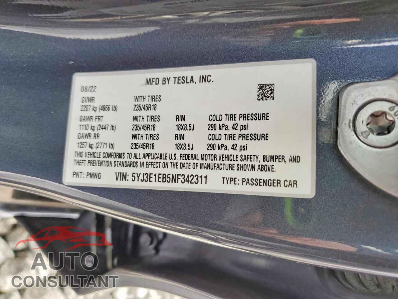TESLA MODEL 3 2022 - 5YJ3E1EB5NF342311