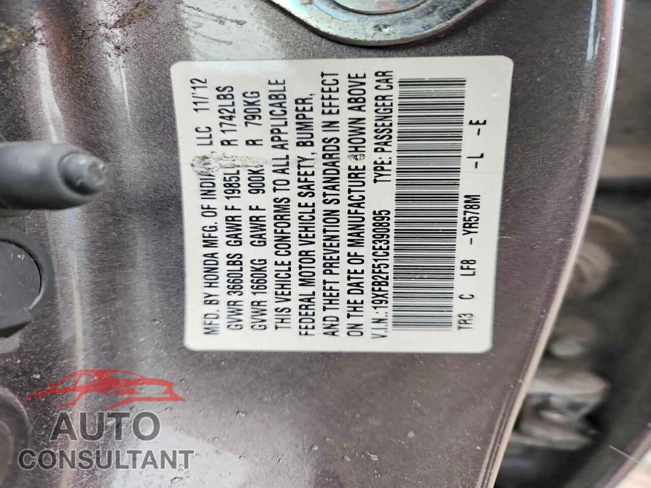HONDA CIVIC 2012 - 19XFB2F51CE390895