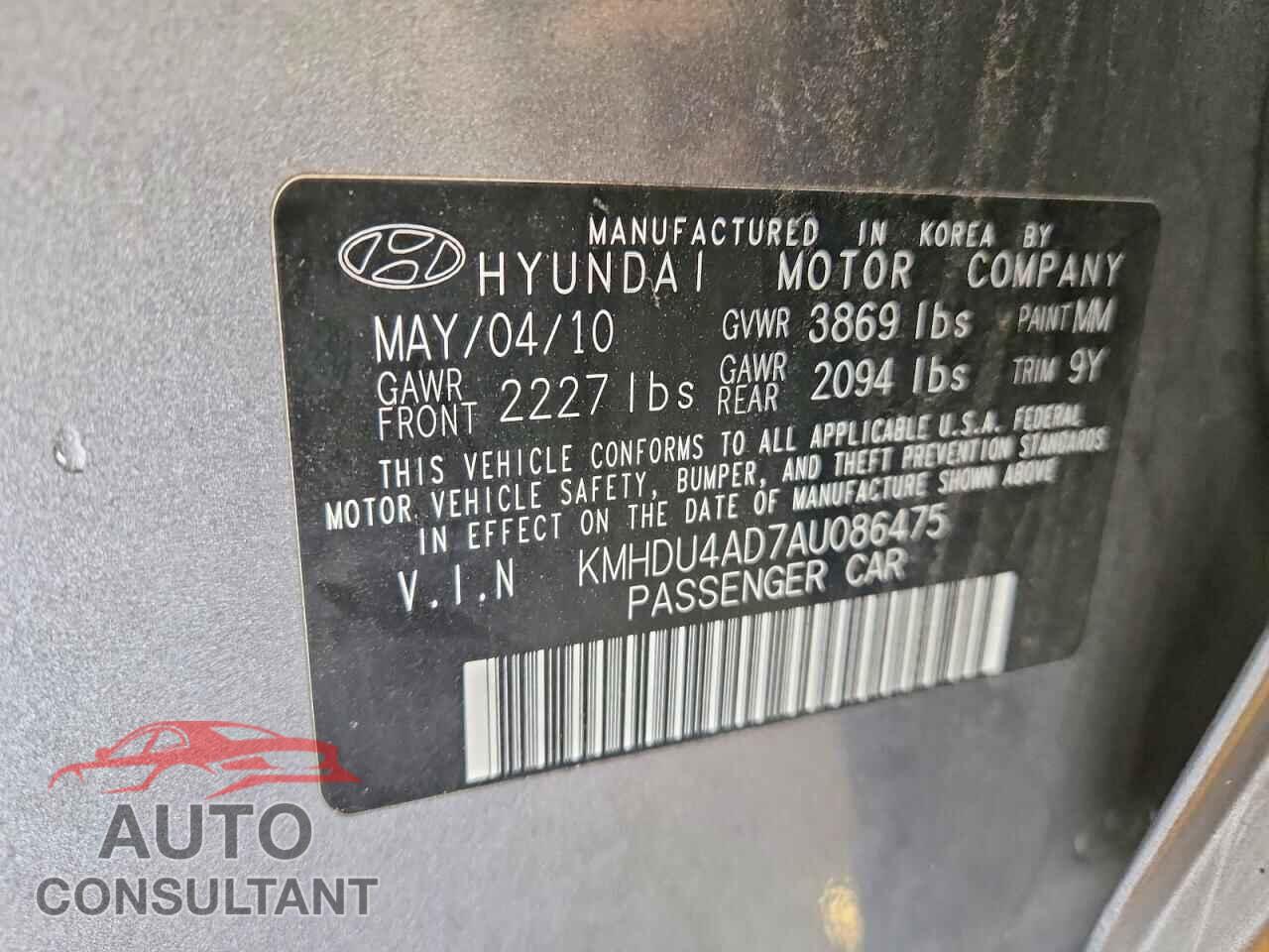 HYUNDAI ELANTRA 2010 - KMHDU4AD7AU086475
