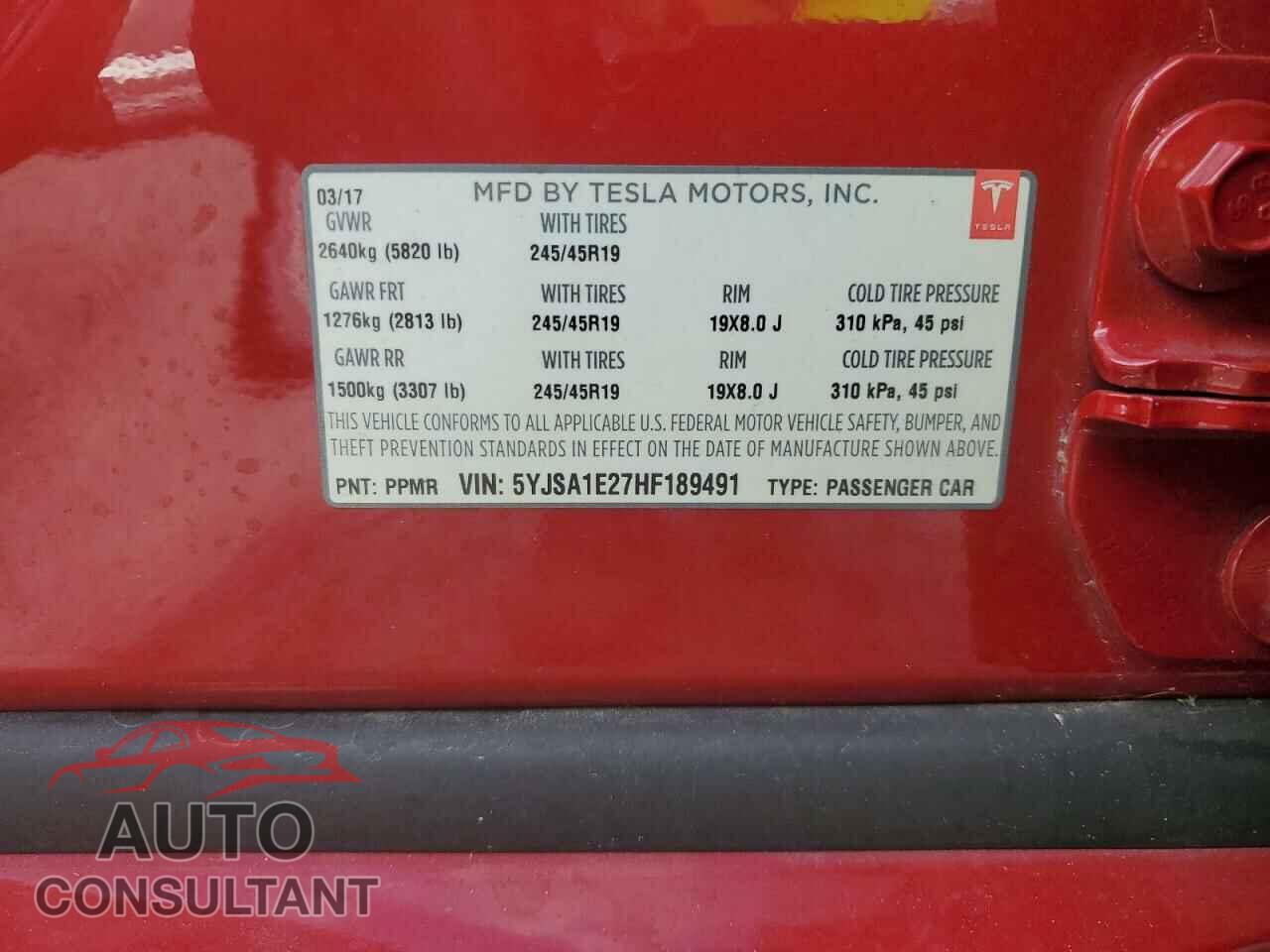 TESLA MODEL S 2017 - 5YJSA1E27HF189491