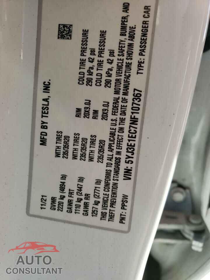 TESLA MODEL 3 2022 - 5YJ3E1EC7NF107367