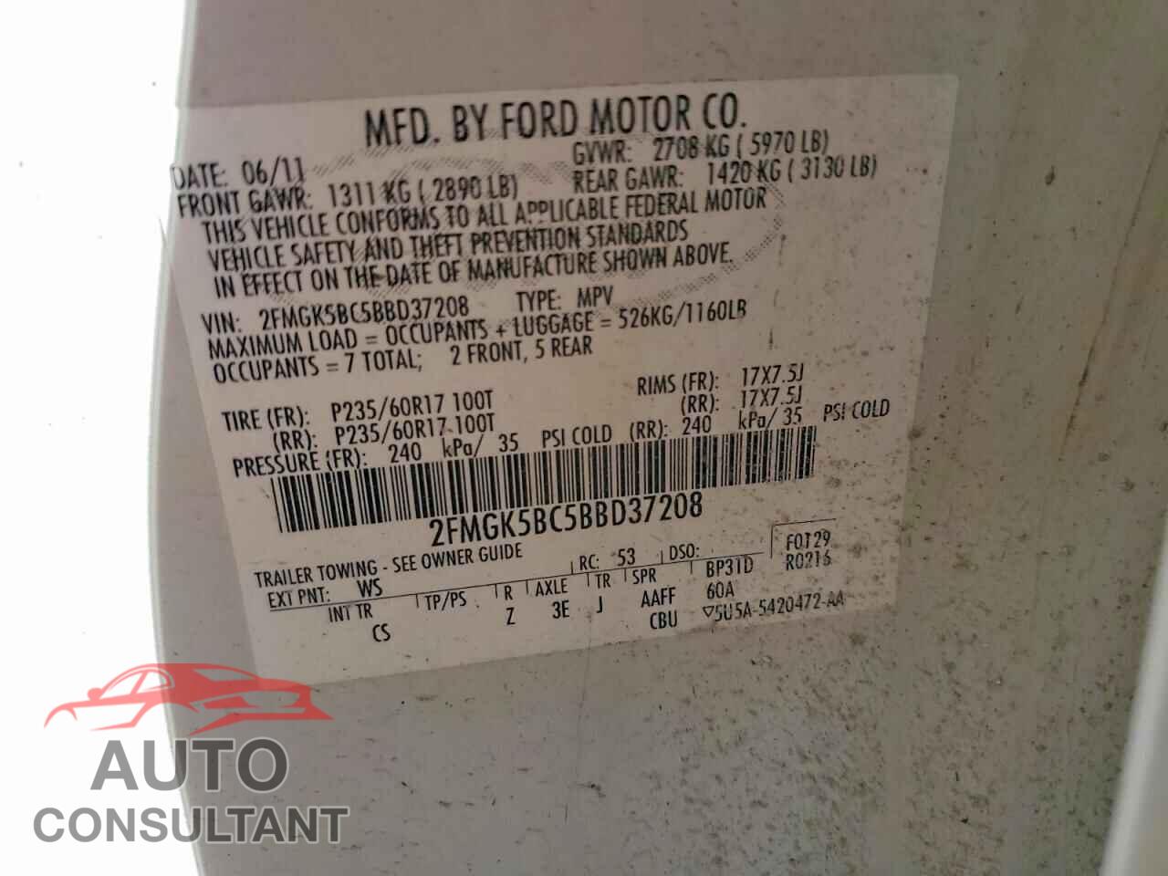 FORD FLEX 2011 - 2FMGK5BC5BBD37208