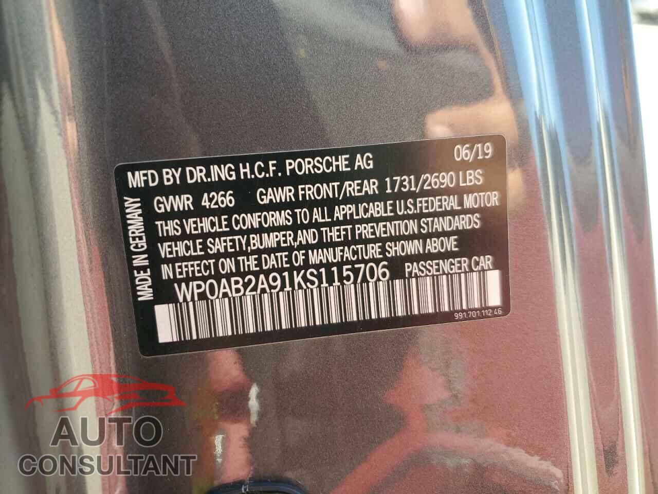 PORSCHE 911 2019 - WP0AB2A91KS115706