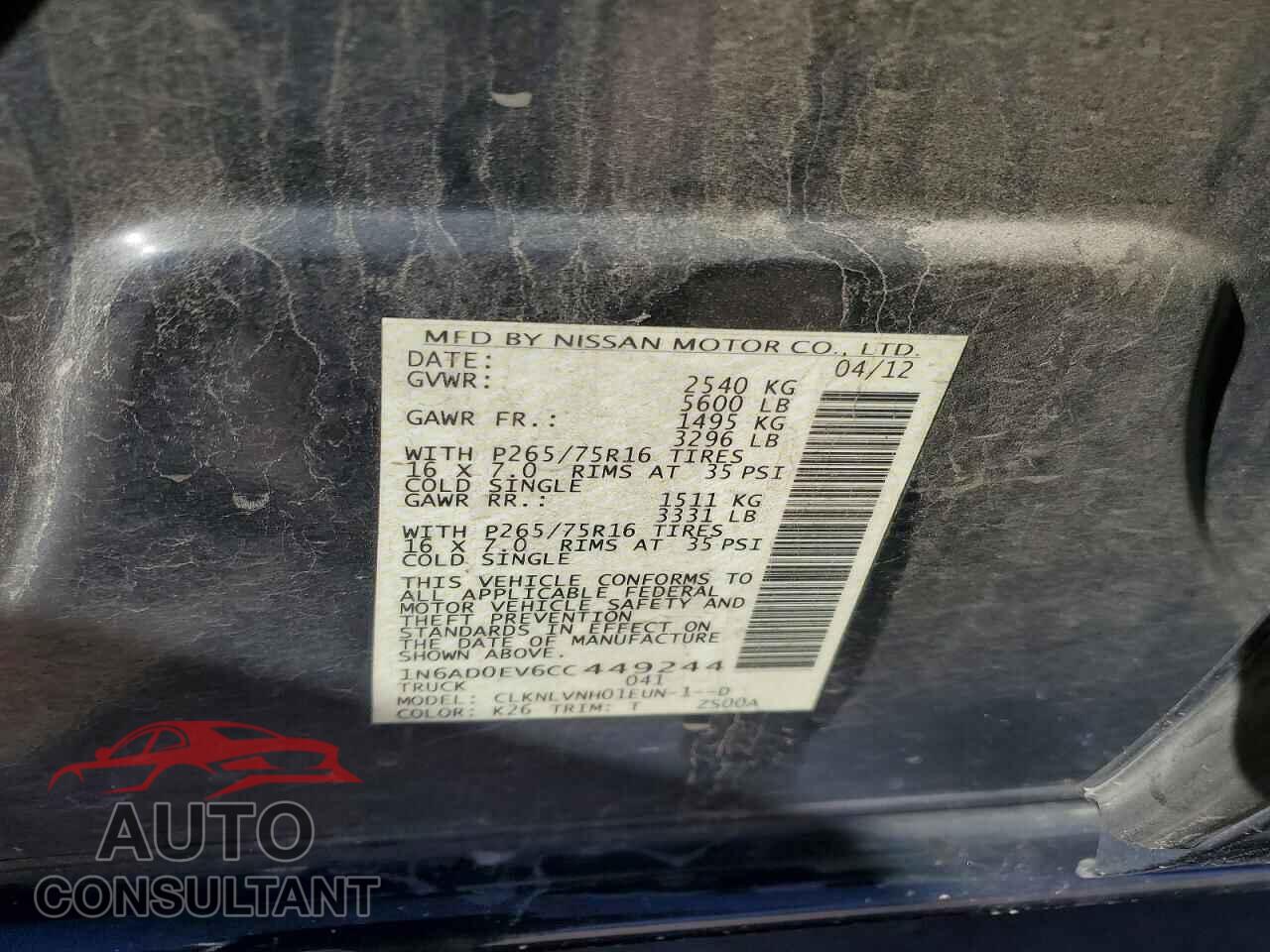 NISSAN FRONTIER 2012 - 1N6AD0EV6CC449244