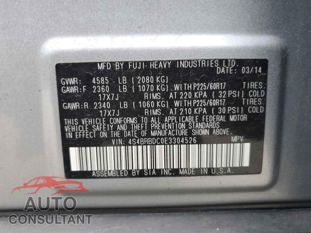 SUBARU OUTBACK 2014 - 4S4BRBDC0E3304526