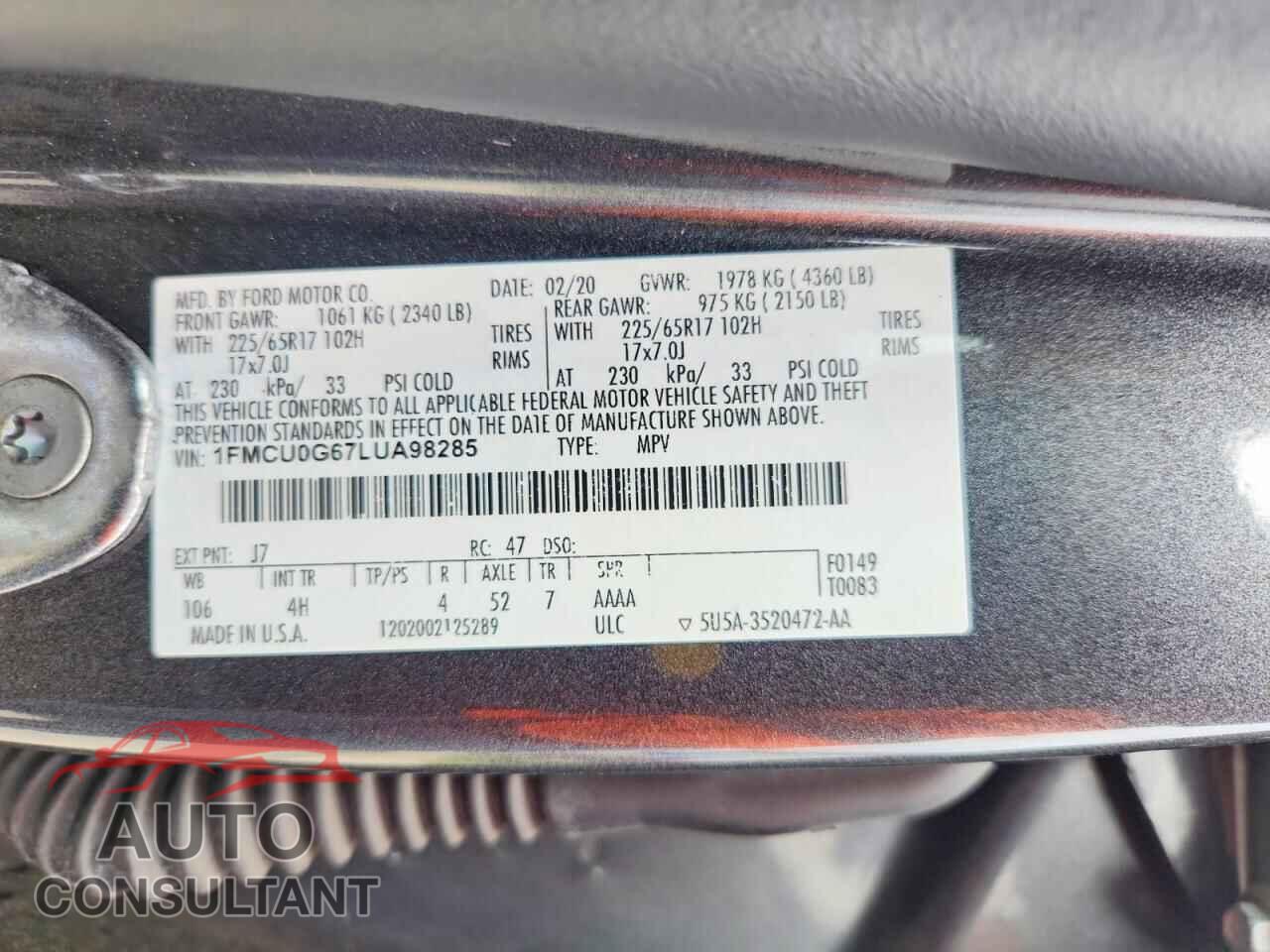 FORD ESCAPE 2020 - 1FMCU0G67LUA98285