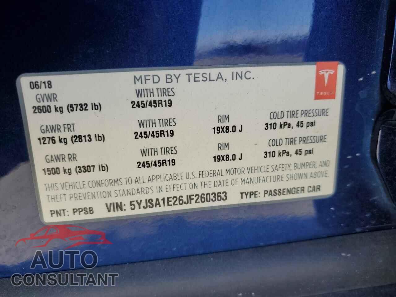 TESLA MODEL S 2018 - 5YJSA1E26JF260363