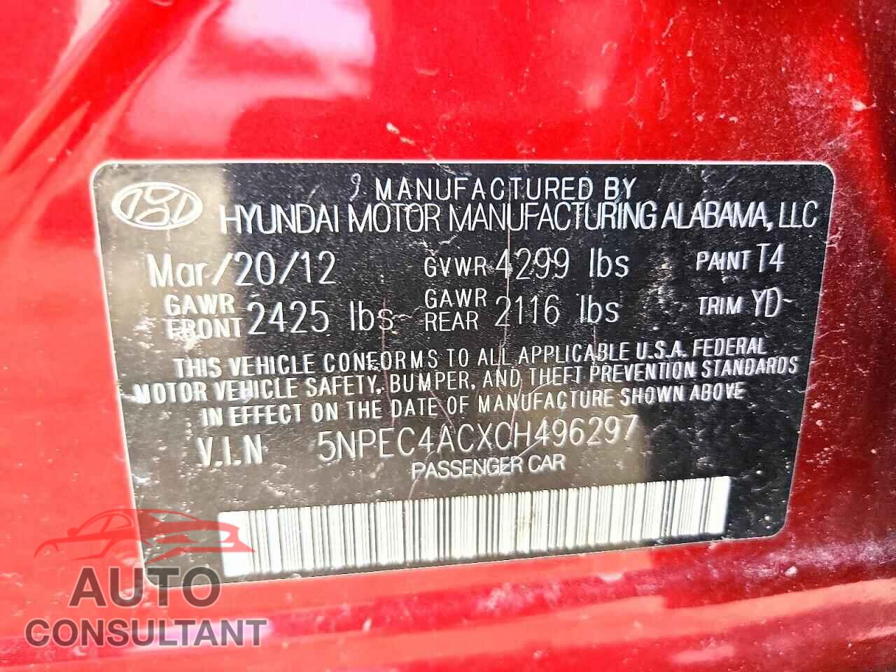 HYUNDAI SONATA 2012 - 5NPEC4ACXCH496297