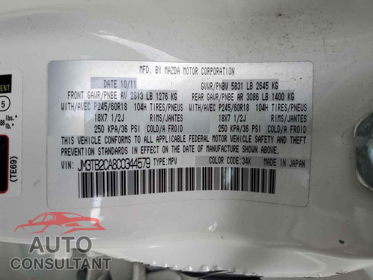 MAZDA CX-9 2012 - JM3TB2CA8C0344579