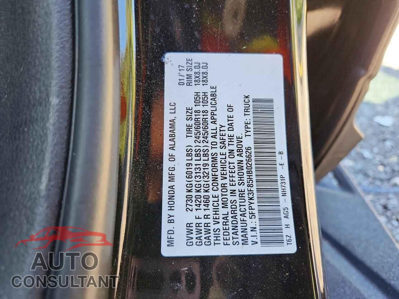 HONDA RIDGELINE 2017 - 5FPYK3F85HB026626