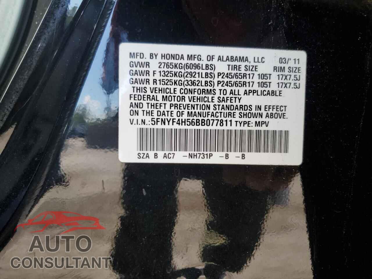 HONDA PILOT 2011 - 5FNYF4H56BB077811